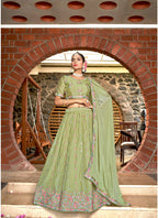 Green Chinon Crushed Sequence and Thread Embroidery Work Lehenga Choli with Dupatta - Viharini | Grocsy