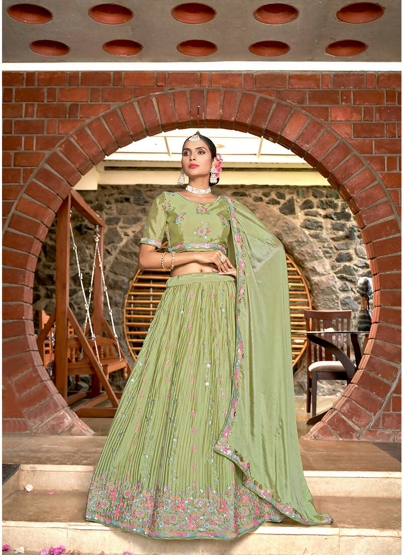Green Chinon Crushed Sequence and Thread Embroidery Work Lehenga Choli with Dupatta - Viharini | Grocsy