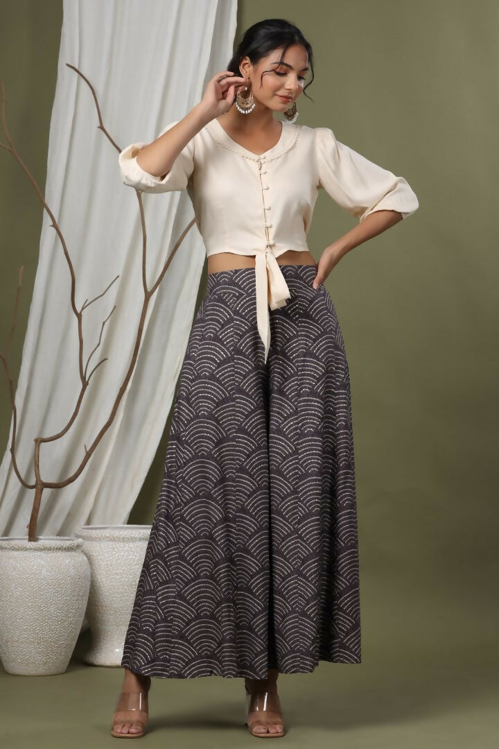 Juniper Grey Ethnic Motif Printed Rayon Flared & Kalidar Palazzo | Grocsy