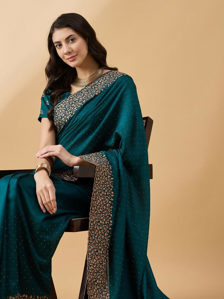 Teal Silk Blend Embroidered Saree with Unstitched Blouse - Vairagi | Grocsy