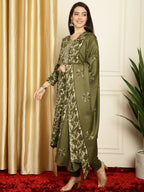 Jyoti Fashion Women's Green Pashmina Floral Digital Printed Kurta with Trouser & Dupatta | Grocsy