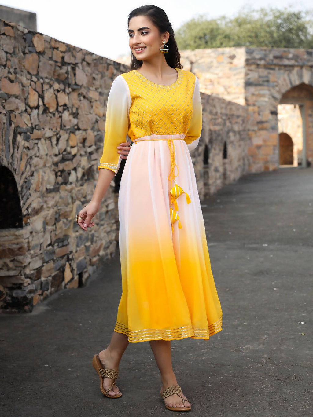 Juniper Women Yellow Georgette Embroidered Maxi Dress | Grocsy