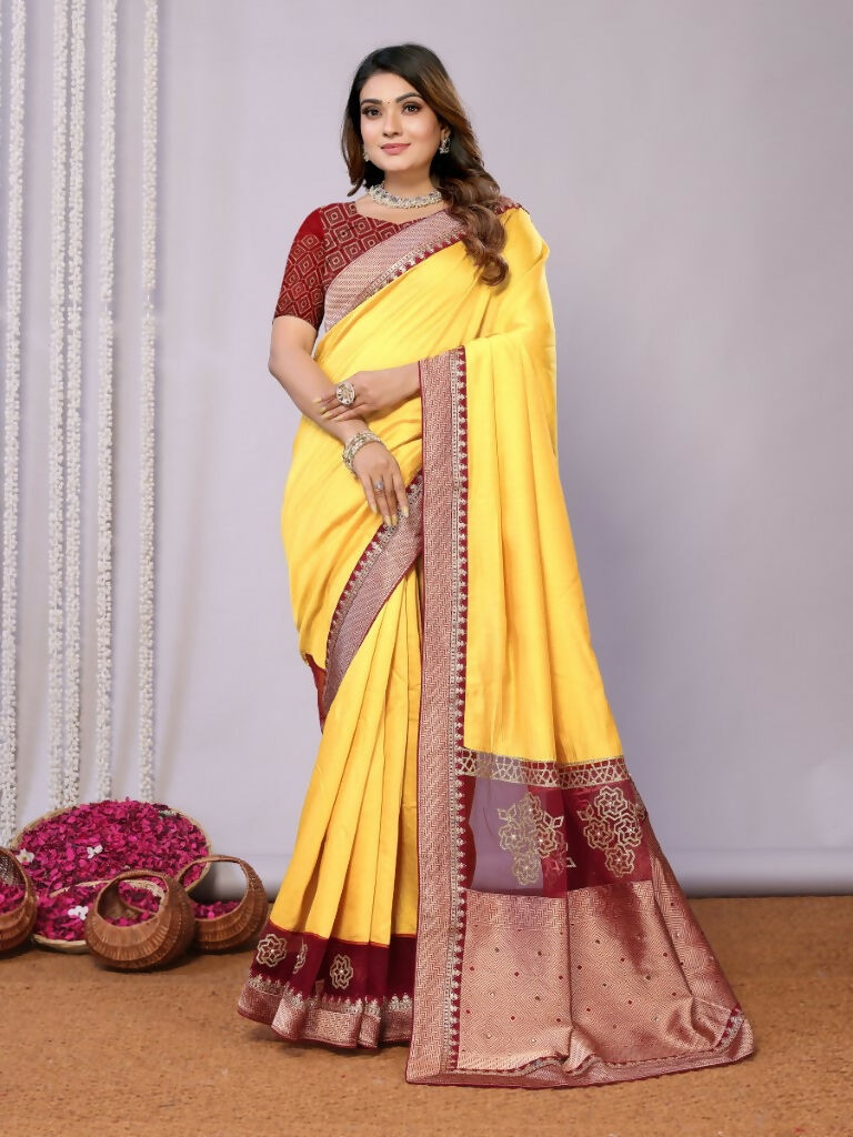 Yellow Silk Georgette Cord And Sequins Embroidery Laser Cut Applique Work Saree - Norita Saumya | Grocsy