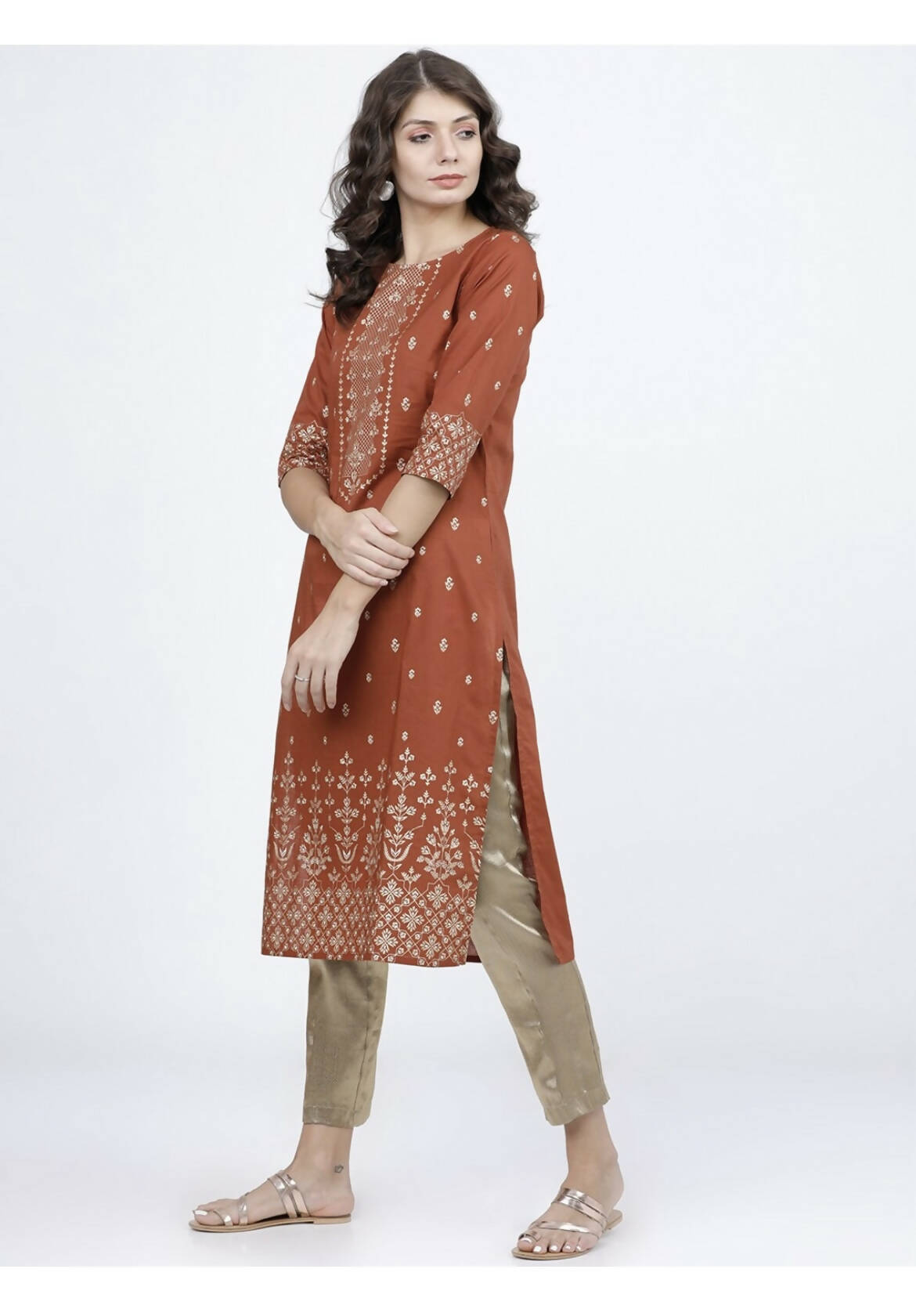 Indian Clothing Cheera Embellished Daily Wear Cotton Blend Kurta - Brown | Grocsy