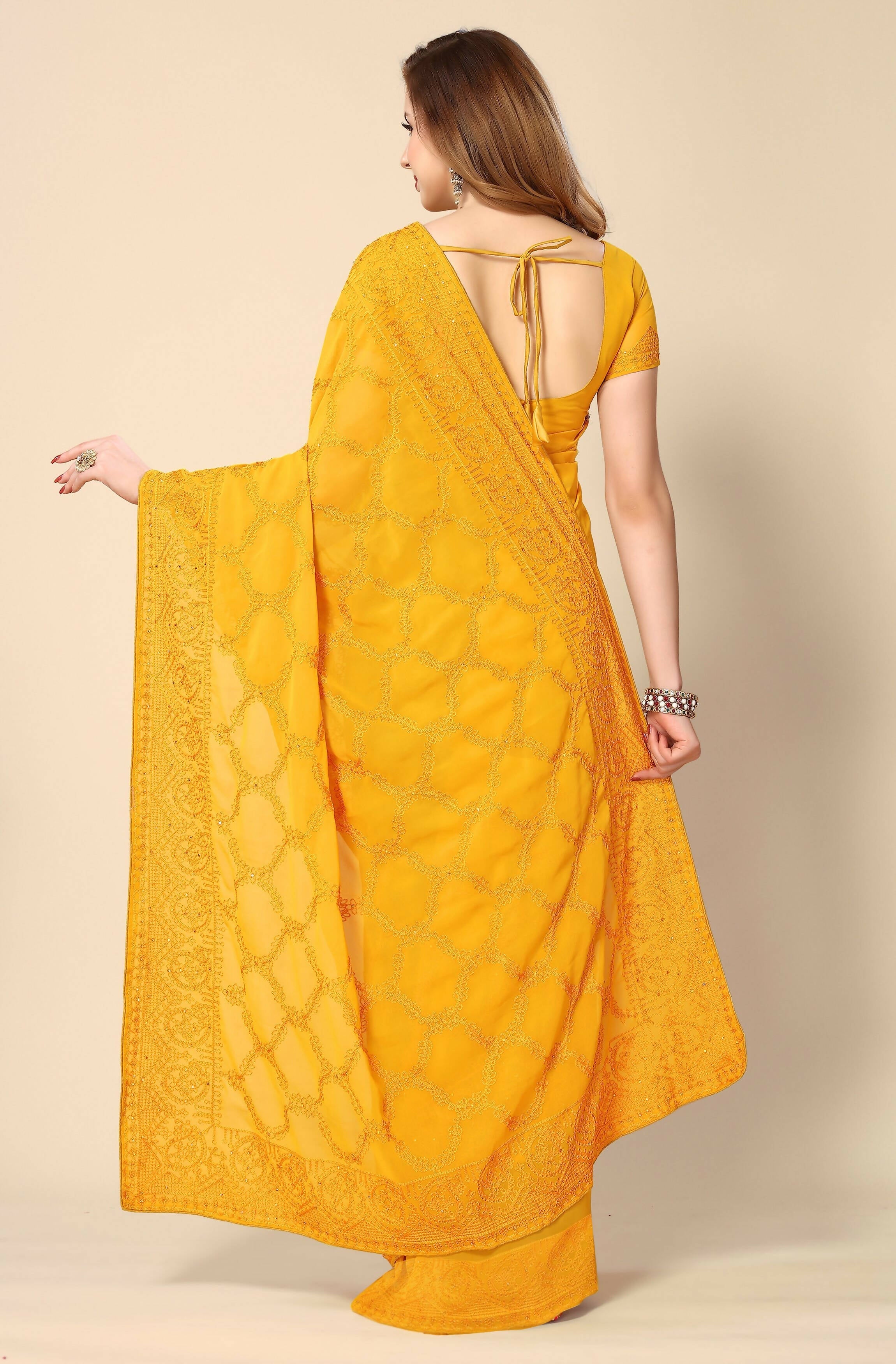 Mustard Georgette Embroidered and Stone Work Saree with Unstitched Blouse Piece - Roozal | Grocsy