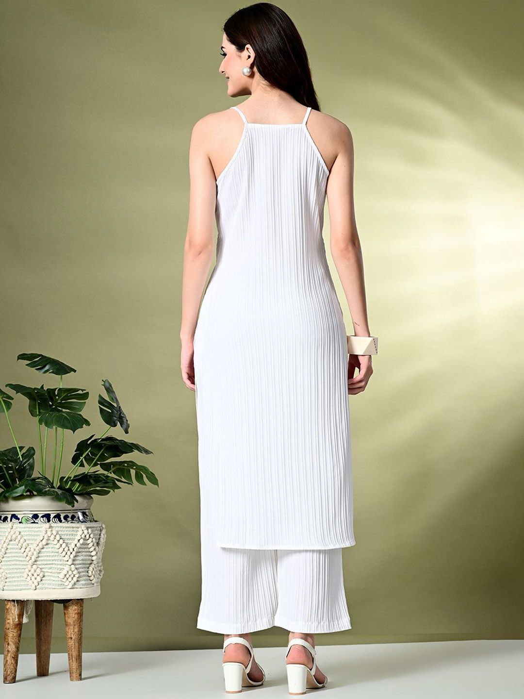 Sangria Self Design Shoulder Straps Straight Kurta With Palazzo | Grocsy