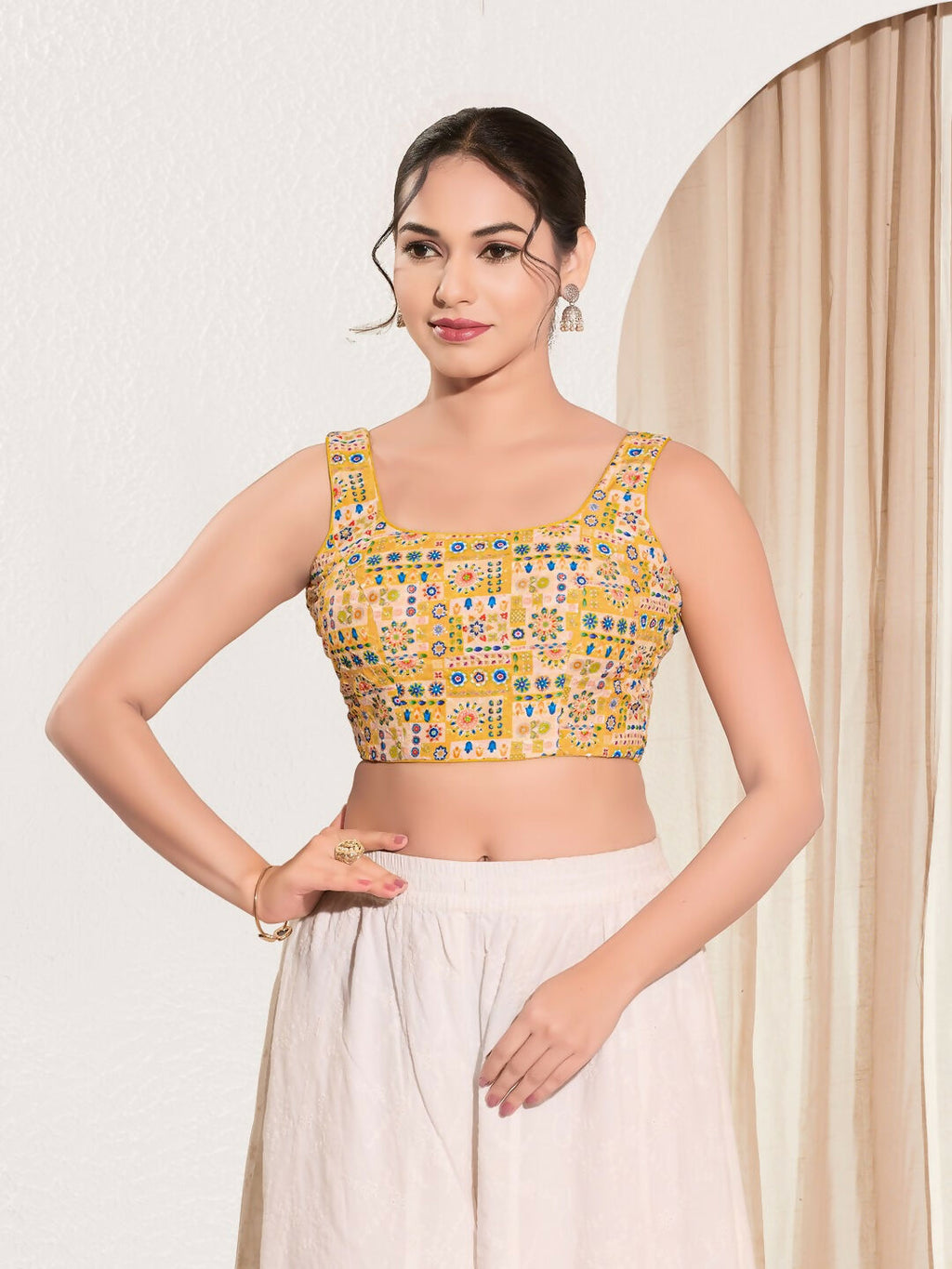 Joban Fashion Yellow Viscose Rayon Padded Blouse With Square Neck Sleeveless | Grocsy