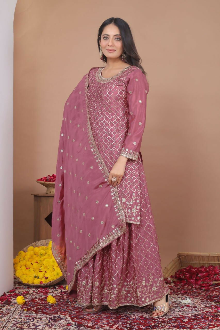 Teeya Creation Dark Onion Color Chinon Silk Wedding Wear Trending Palazzo Set | Grocsy