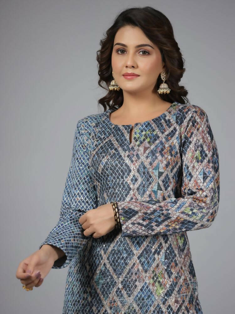 Juniper Women Blue Printed Polyester Kurta | Grocsy