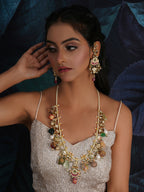 Long Kundan Neckpiece with Earrings with Multi Stones Jewellery Set (Gold) - Ruby Raang | Grocsy