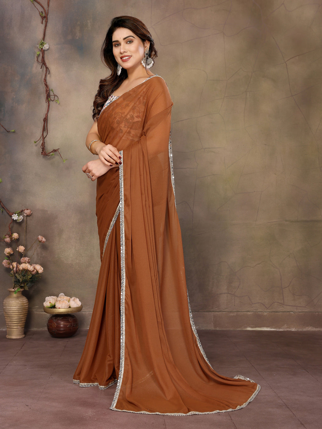 Partywear traditional Georgette Brown Fancy Saree - Anbazaar | Grocsy