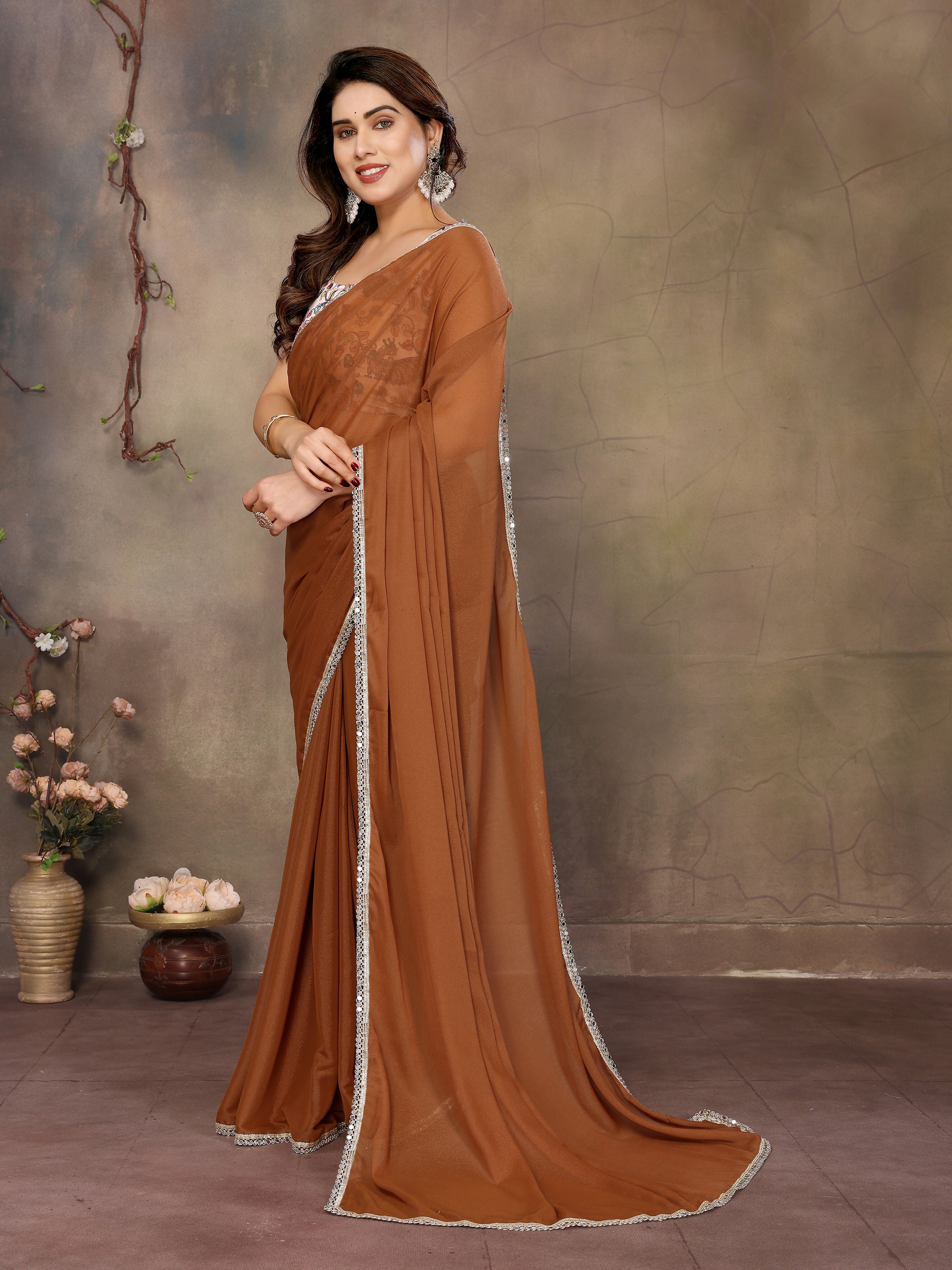 Partywear traditional Georgette Brown Fancy Saree - Anbazaar | Grocsy