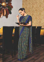Joban Fashion Blue Crepe Silk with Traditional Print Saree | Grocsy