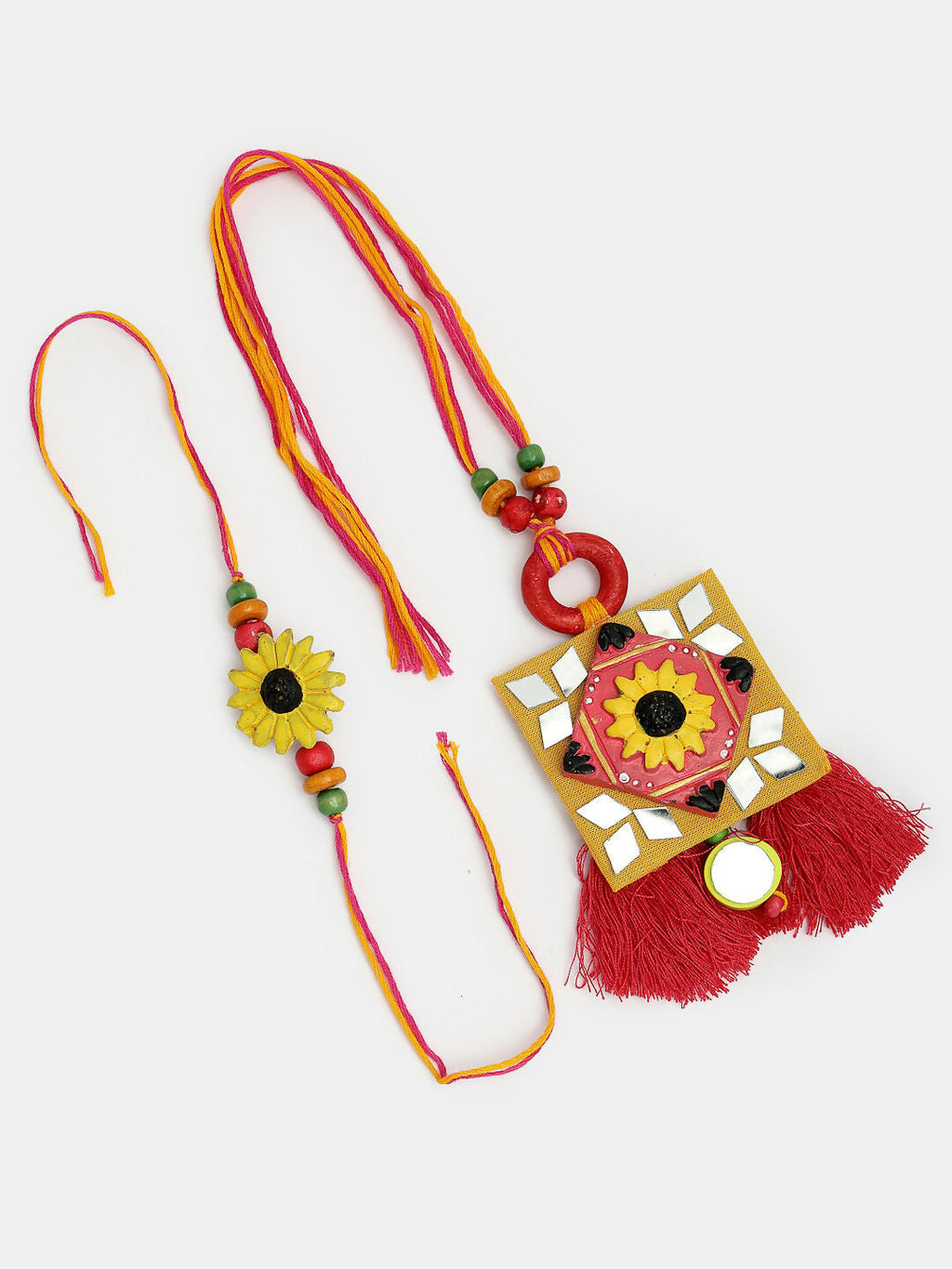 NVR Women & Men Set of 2 Red & Yellow Mirror Work Handcrafted Bhaiya Bhabi Rakhi With Roli Chawal | Grocsy