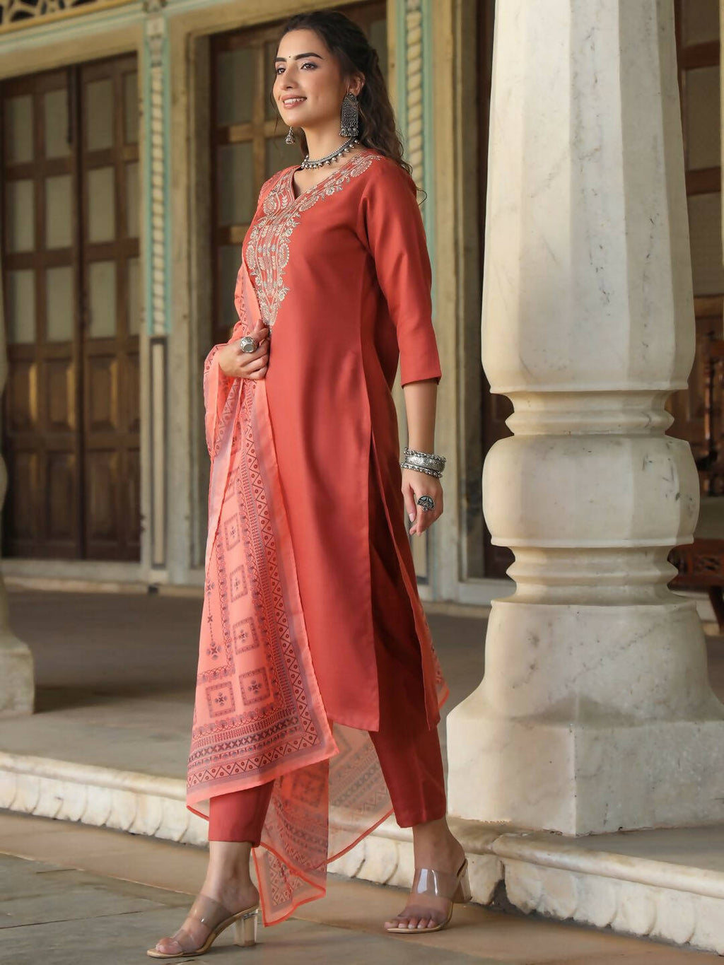 Juniper Women's Rust Silk Solid Embroidered Kurta Set | Grocsy