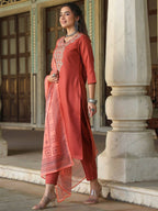 Juniper Women's Rust Silk Solid Embroidered Kurta Set | Grocsy