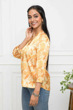 Myshka Women Floral V-Neck Regular Sleeves Polyester Mustard Top | Grocsy