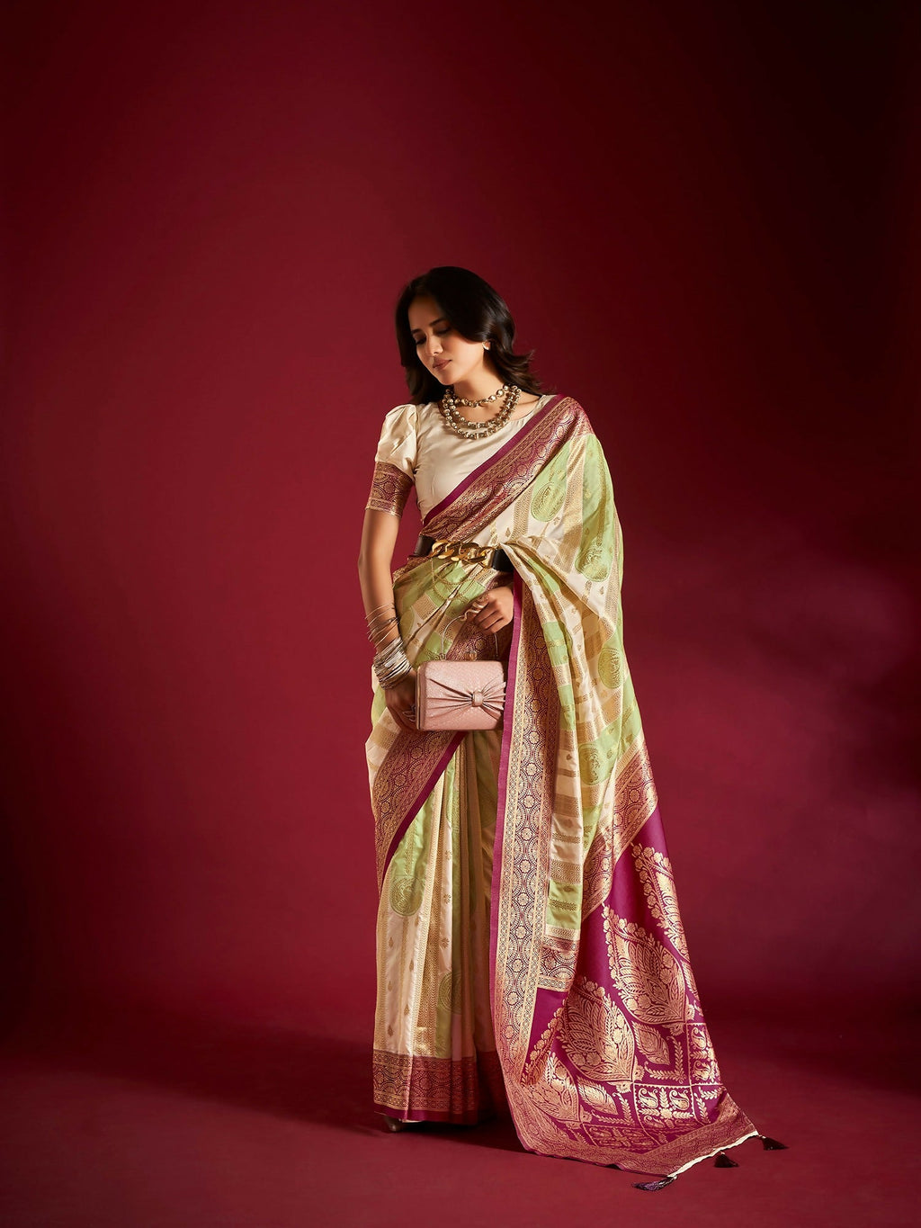 Joban Fashion Cream & Parrot Green Plain With Weaving Border Banarasi Silk Sarees | Grocsy