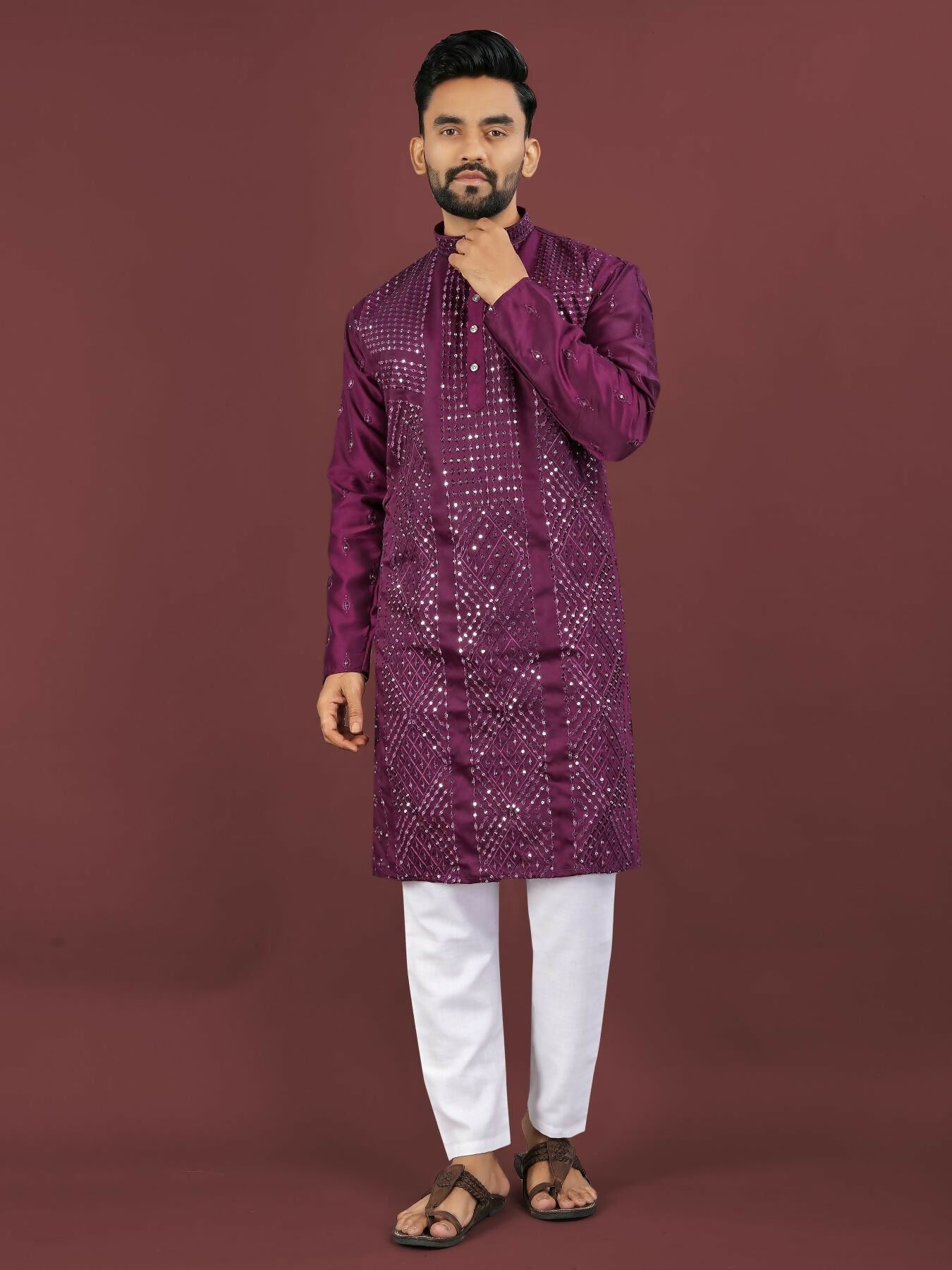 Anaita Purple Embroidered Silk Straight Kurta | Grocsy