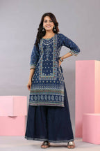 Juniper Women Indigo Cotton Cambric Printed Kurta, Palazzo and Dupatta Set | Grocsy
