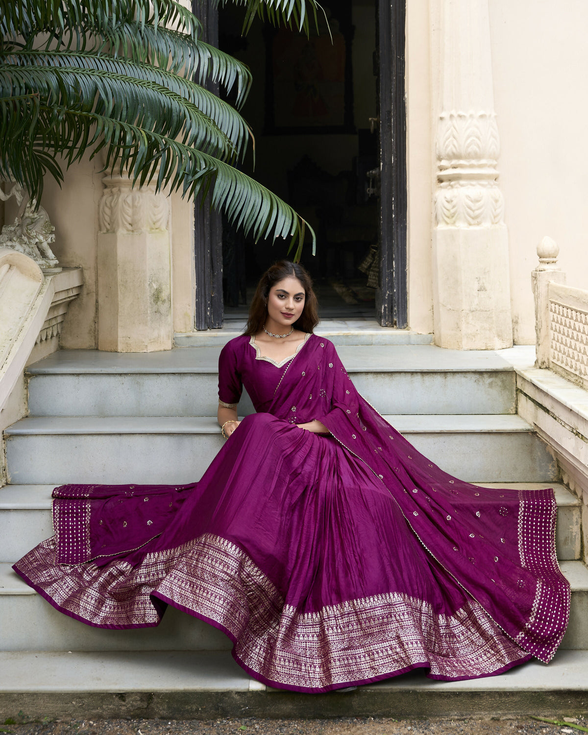 Lorenvalley Wine Pure Chanderi Plain With Zari Weaving Work Border Lehenga Choli | Grocsy