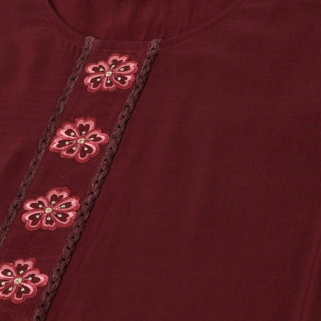 Maroon Chinon Silk Embroidered Straight Kurta with Trouser & Dupatta - Salimar | Grocsy