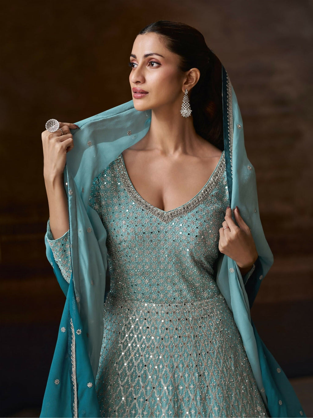 Anaita Blue Real Georgette Stitched Anarkali Suit with Embroidery & Sequence Work | Grocsy
