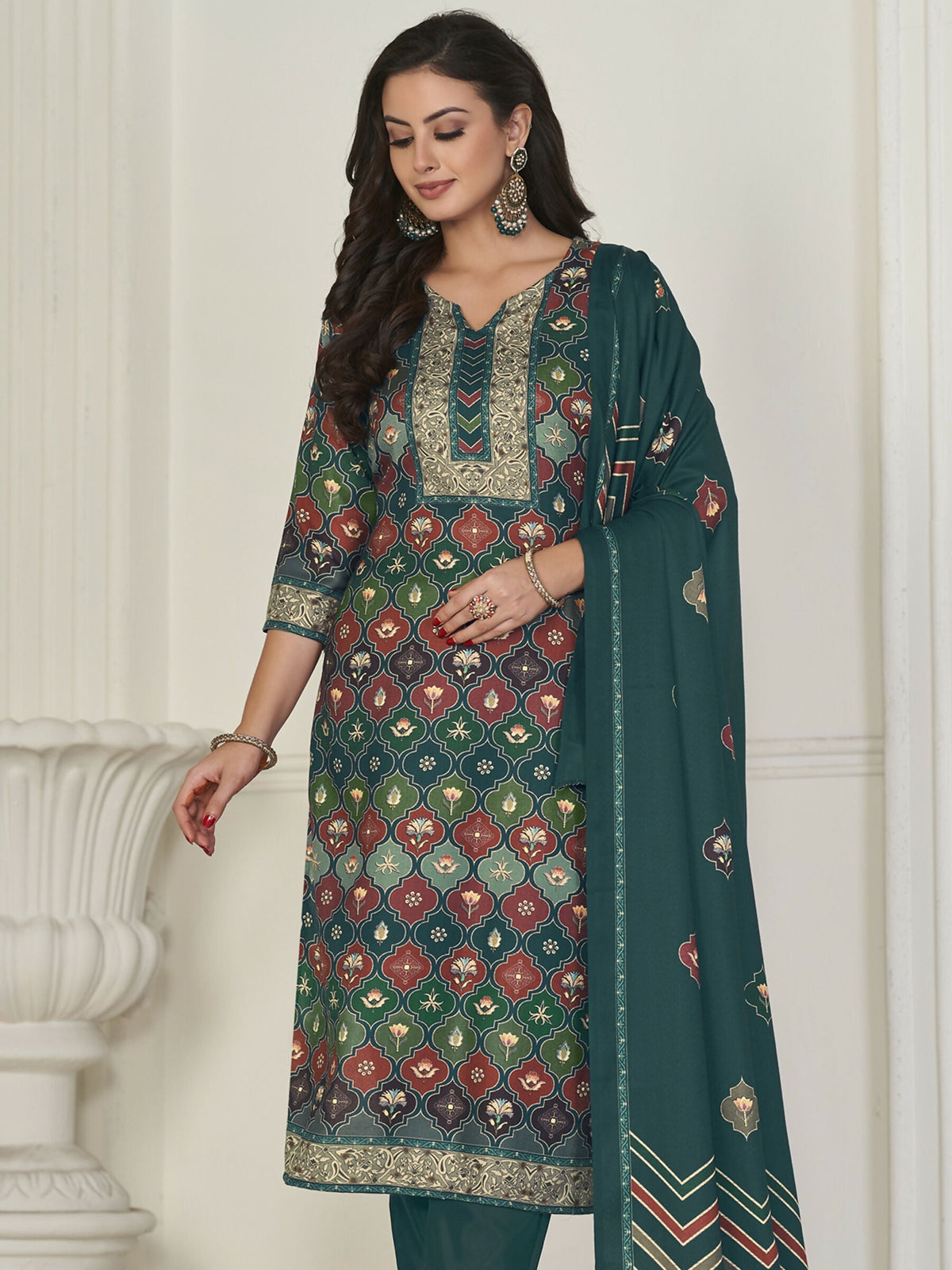 Jyoti Fashion Women's Multicolor Pashmina Digital Printed Kurta with Trouser & Dupatta | Grocsy