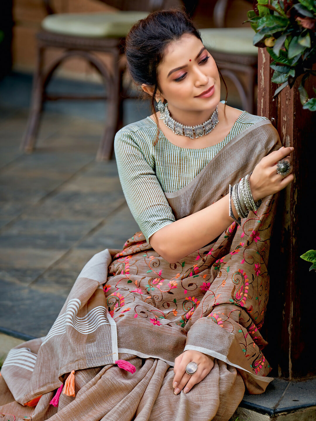 Shree Shyam Fashion Linen Brown Saree | Grocsy
