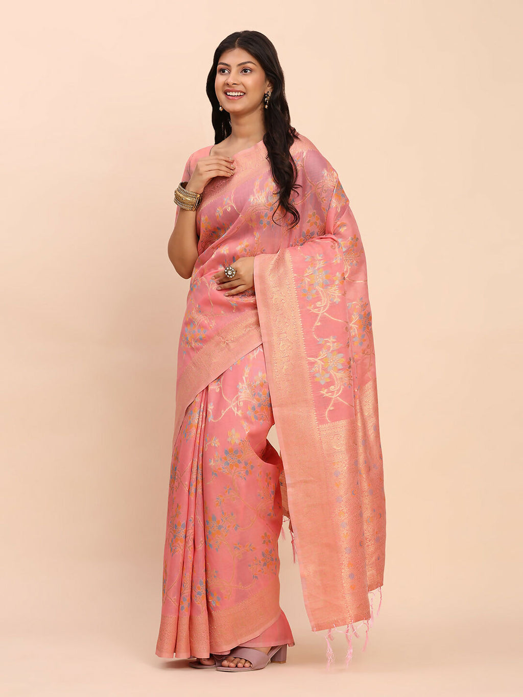 Shree Shyam Fashion Linen Cotton Peach Saree | Grocsy