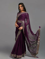 PR Fashion Wine Zometo Embroidery Lace Saree | Grocsy