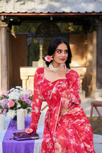 Vastranavya Red Weightless Marble Printed & Pearl Lace Border Saree with Unstitched Blouse | Grocsy