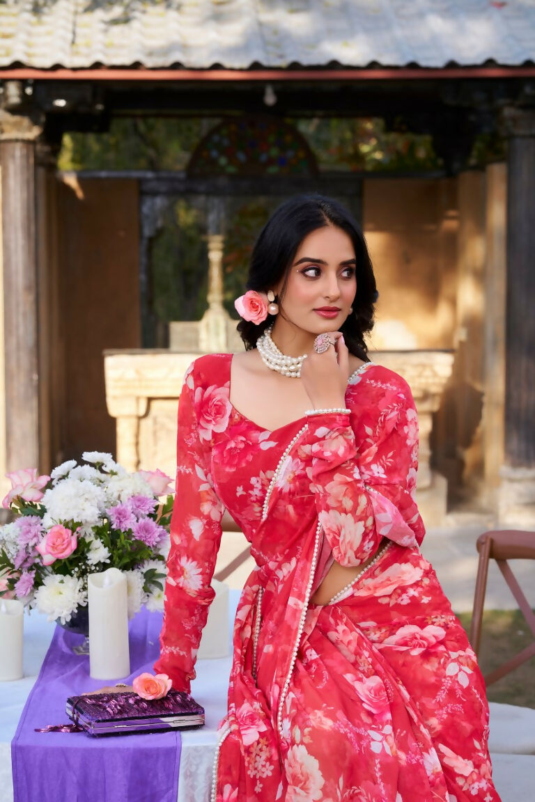 Vastranavya Red Weightless Marble Printed & Pearl Lace Border Saree with Unstitched Blouse | Grocsy