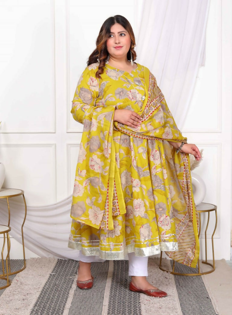 Miravan Women's Plus Size Cotton Gota Patti And Lace Border Details Floral Printed Yellow Anarkali Kurta And Dupatta Set | Grocsy