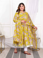 Miravan Women's Plus Size Cotton Gota Patti And Lace Border Details Floral Printed Yellow Anarkali Kurta And Dupatta Set | Grocsy