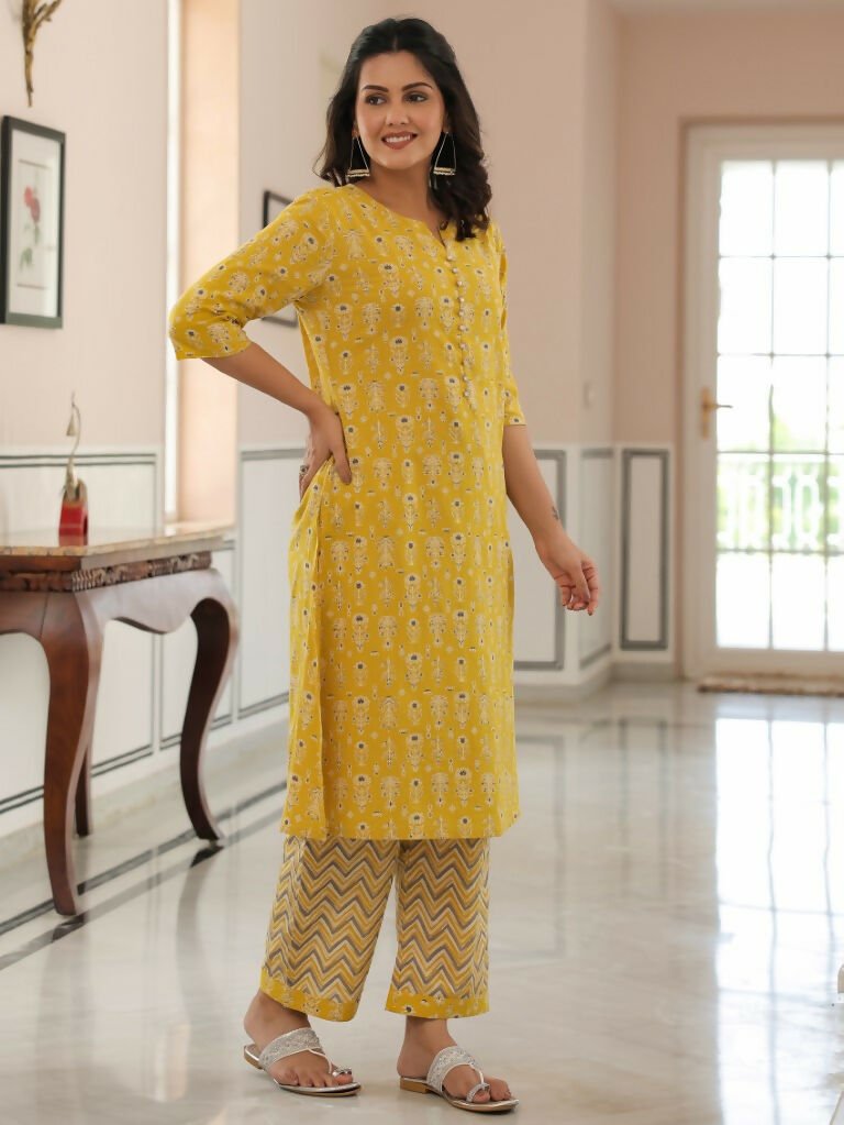 Aramya A-line Soft Cotton Butti Print Women's Kurta Set - Yellow | Grocsy