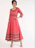 Cheera Women Stylish Hand Block Printed Cotton Blend Flared Kurta - Peach | Grocsy