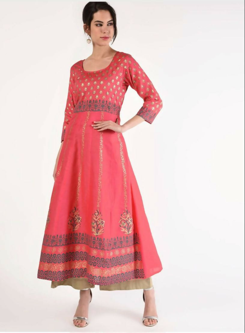 Cheera Women Stylish Hand Block Printed Cotton Blend Flared Kurta - Peach | Grocsy