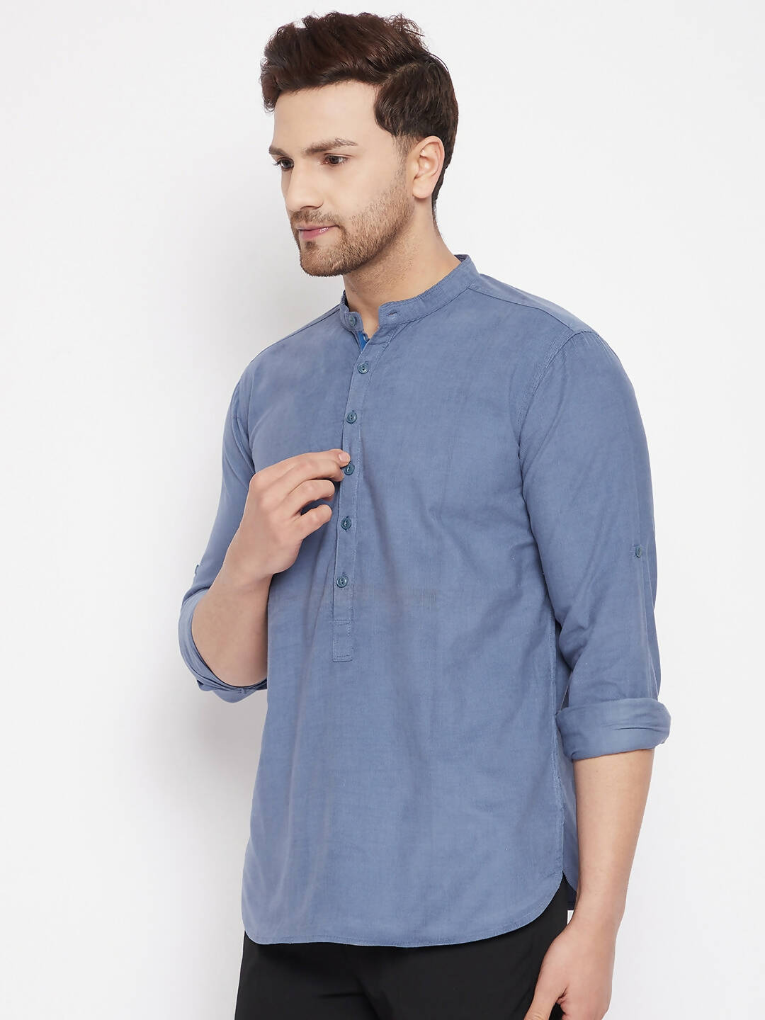 Even Apparels Blue Color Pure Cotton Short Men's Kurta With Band Collar | Grocsy