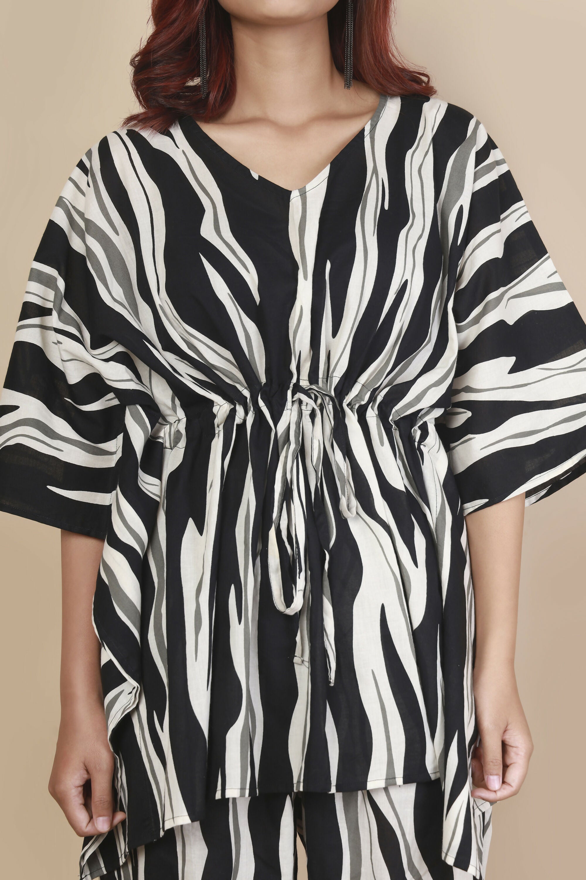Breathables Women’S Loungewear Kaftan Cotton Black & White Abstract Print Co-Ord Set | Grocsy