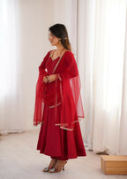 The52 Women's Gorgeous Embroidery Work Roman Silk Chanderi Fabric Flared Anarkali Pant and Dupatta Set-Maroon | Grocsy