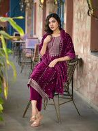 Juniper Women's Wine Ethnic Motif Printed Velvet Kurta Set With Lace | Grocsy