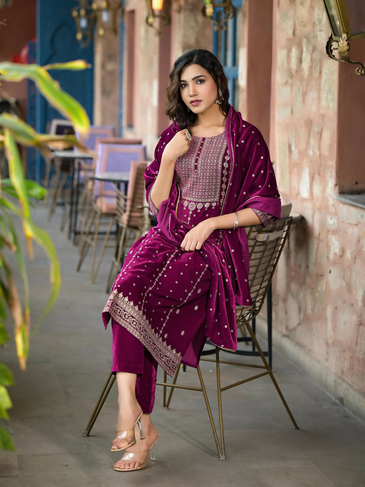 Juniper Women's Wine Ethnic Motif Printed Velvet Kurta Set With Lace | Grocsy