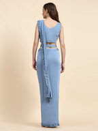 Blue Lycra Solid Ready to wear Saree with stitched Blouse - Vanita | Grocsy