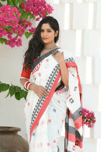 Beatitude White Cotton Tangail Saree | Grocsy