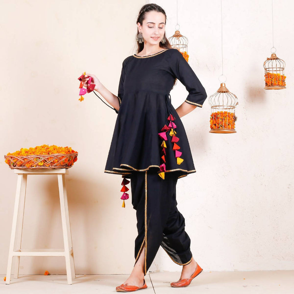 Cheera Black Dhoti Peplum Top Set With Multicolour Tassels (CH125KD) | Grocsy