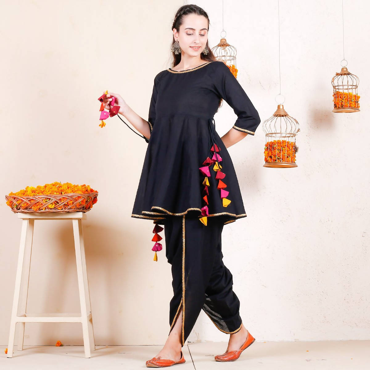 Cheera Black Dhoti Peplum Top Set With Multicolour Tassels (CH125KD) | Grocsy