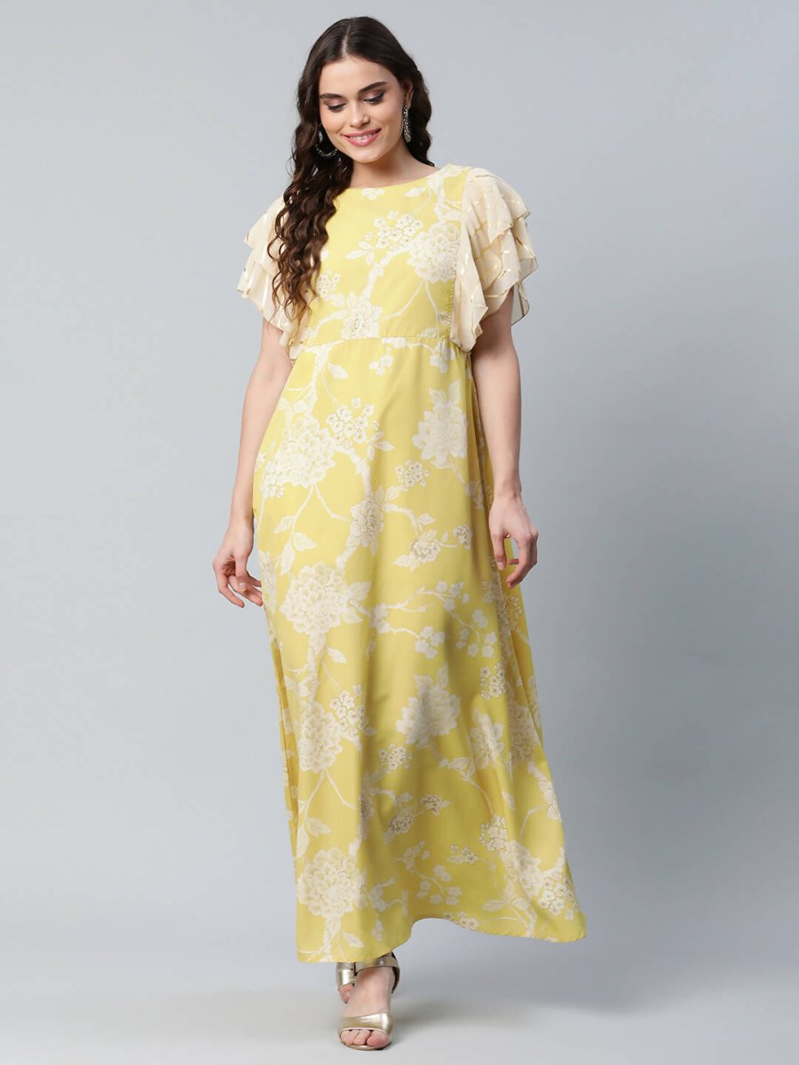 Ahalyaa Womens Lemon Yellow Crepe Floral Dress | Grocsy