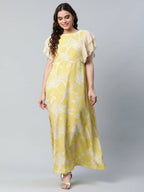 Ahalyaa Womens Lemon Yellow Crepe Floral Dress | Grocsy