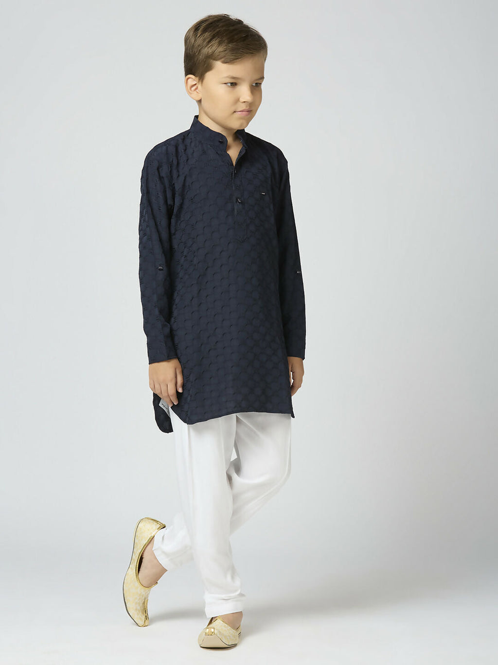 Joban Fashion Kids Island Full Sleeves Texture Cotton Kurta and Pyjama Set - Navy Blue | Grocsy